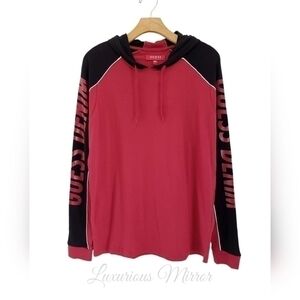 Guess Mens Hoodie Sweatshirt Red Black Color Block Drawstring Pullover Sz S New